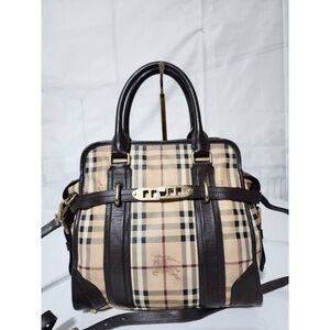 Authentic Burberry Haymarket Check PVC and Leather Minford Satchel Bag Beige